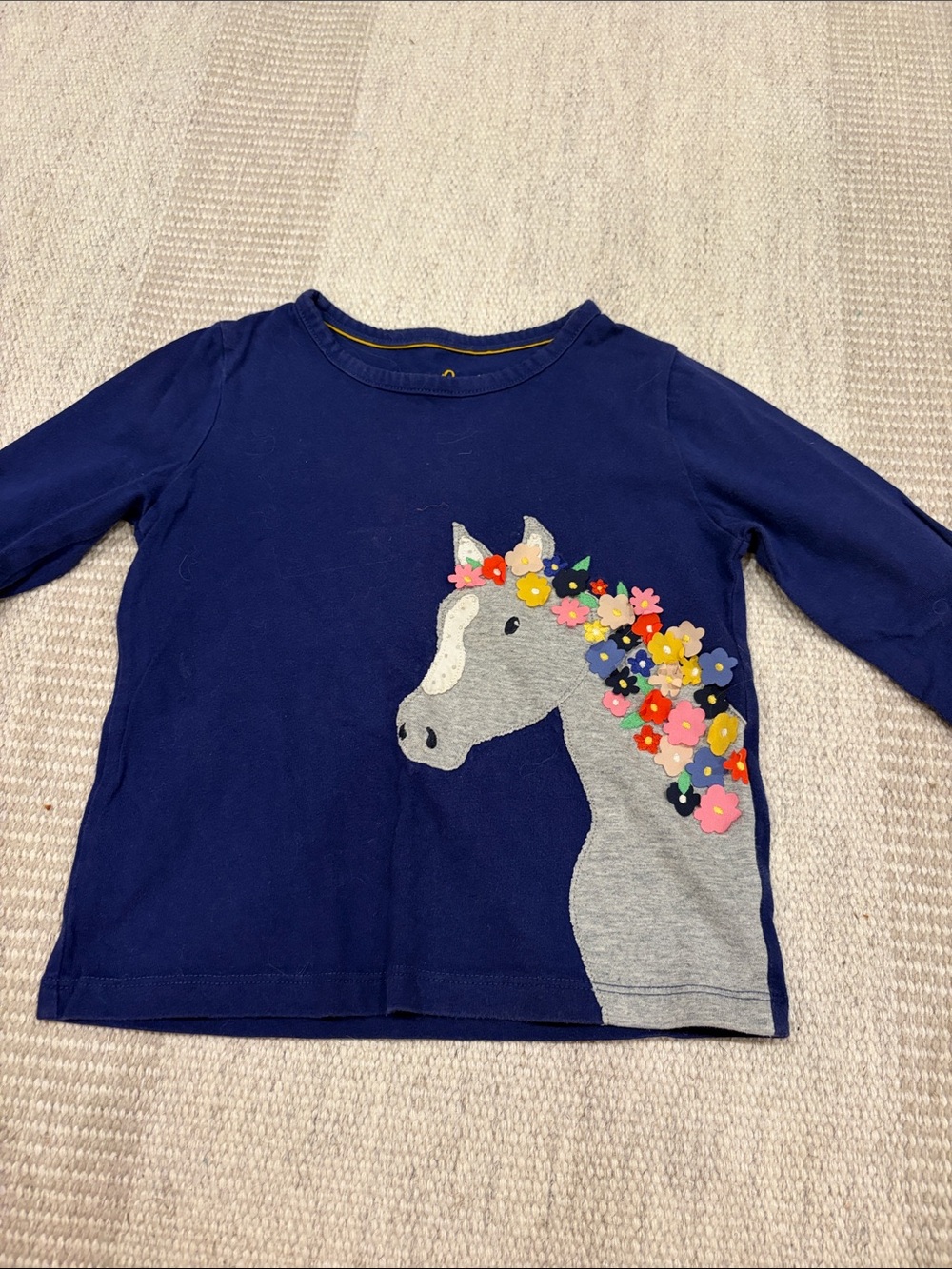 Mini Boden Navy Long-Sleeve Top with Grey Horse and Floral Mane